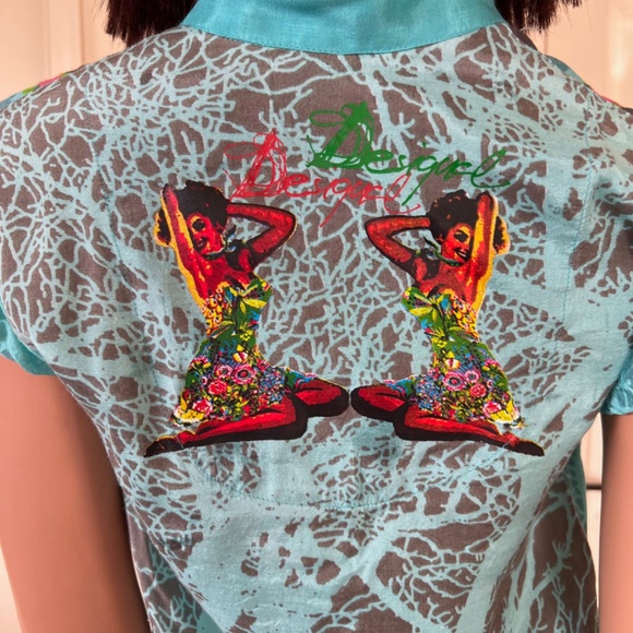 Desigual Turquoise Floral Blouse with Smoked Detail & Pockets Blue Size Small - Picture 3 of 6